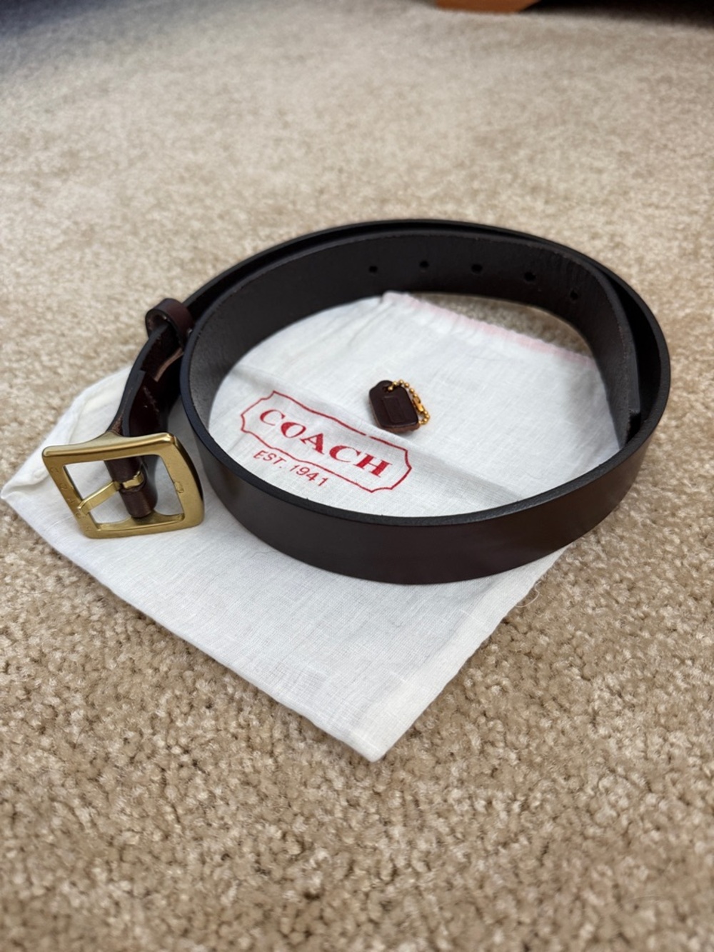 Vintage COACH Dark Brown Women’s Leather Belt Brass Buckle Dust Bag Hang Tag